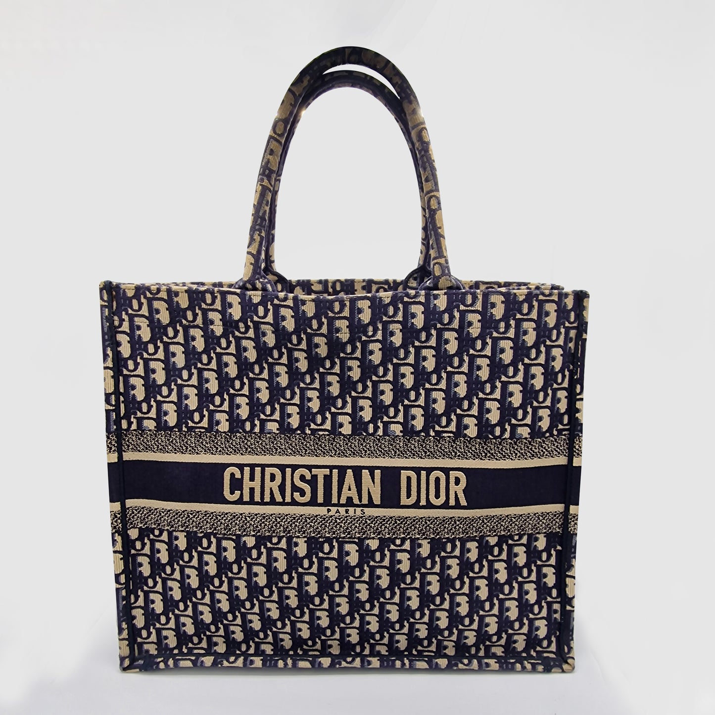 Christian Dior Ecru and Blue Dior Oblique Embroidery Large Book Tote Bag