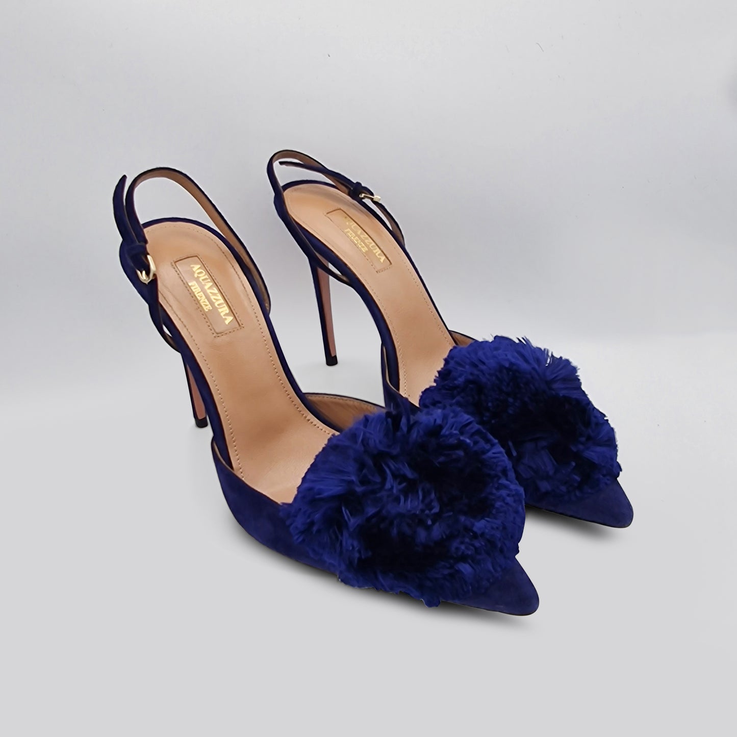 Aquazzura Navy Suede Powder Puff 105 Slingback Heels Size EU 39
