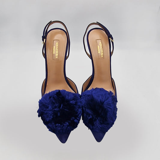 Aquazzura Navy Suede Powder Puff 105 Slingback Heels Size EU 39