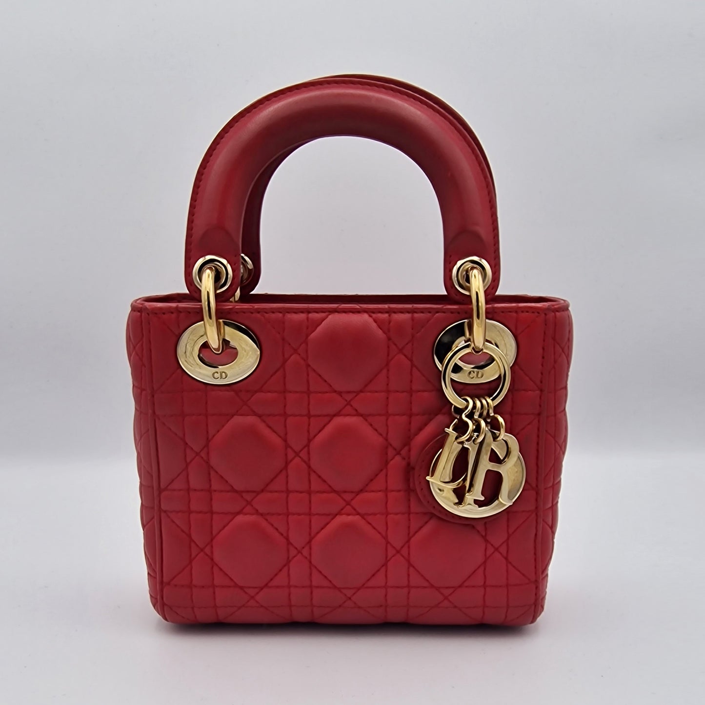 Dior Red Mini Lady Dior Cannage Lambskin Handbag