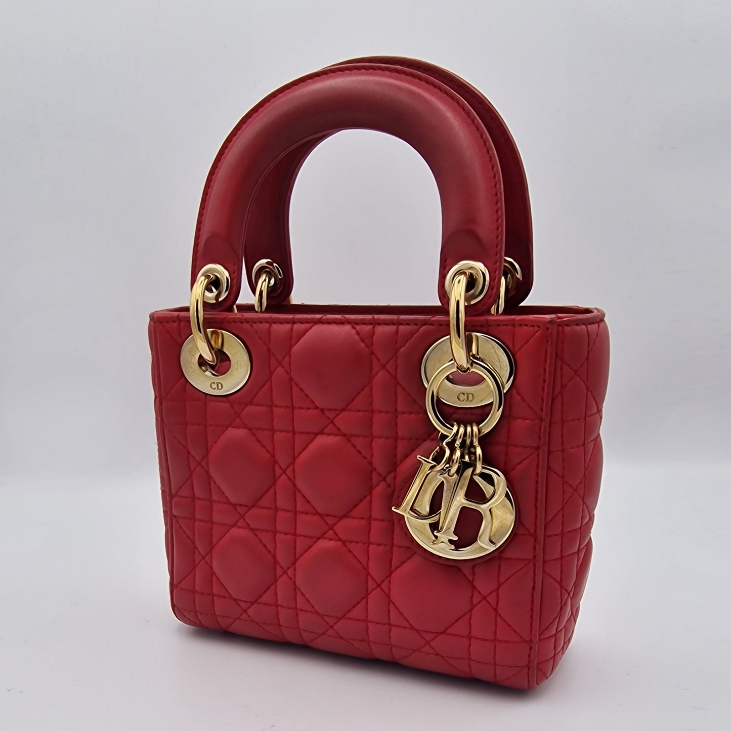 Dior Red Mini Lady Dior Cannage Lambskin Handbag