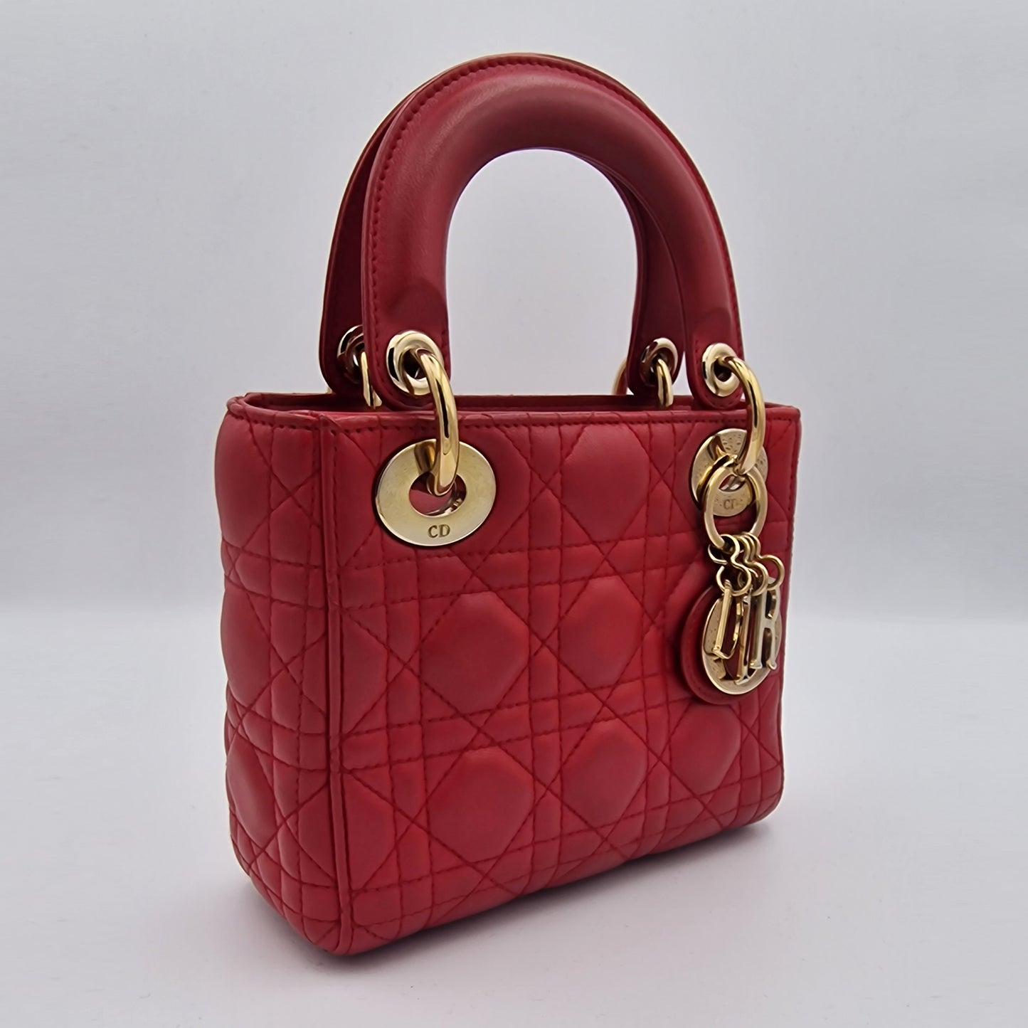 Dior Red Mini Lady Dior Cannage Lambskin Handbag