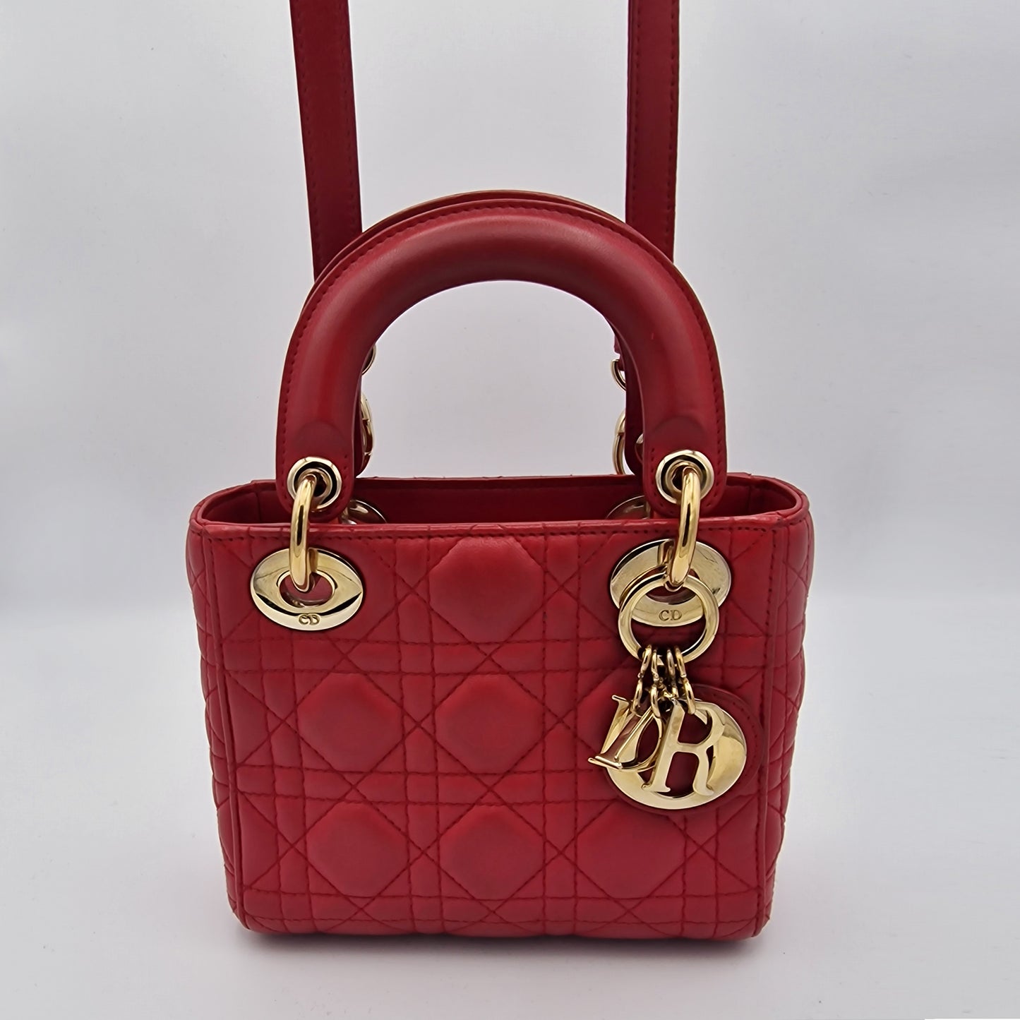 Dior Red Mini Lady Dior Cannage Lambskin Handbag