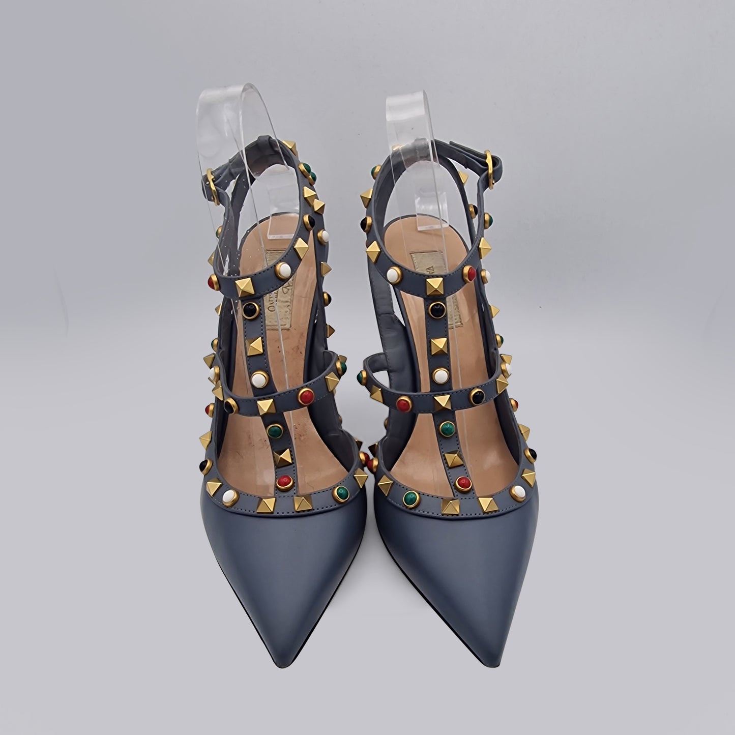 Valentino Grey Blue Rockstud Leather Heels 100 EU 39.5