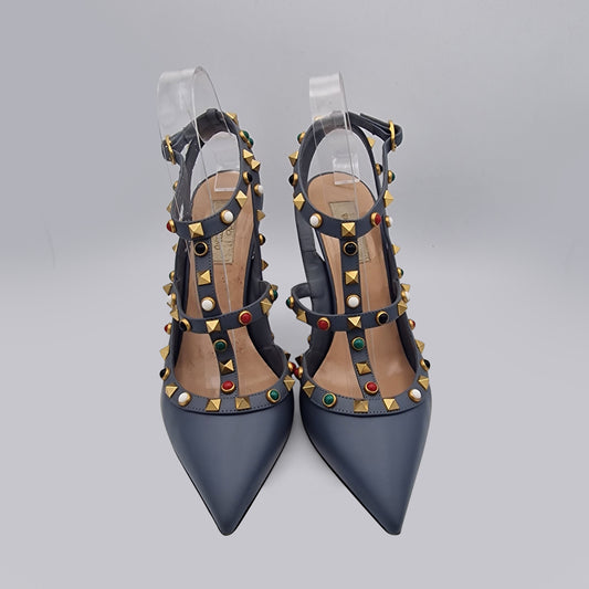 Valentino Grey Blue Rockstud Leather Heels 100 EU 39.5