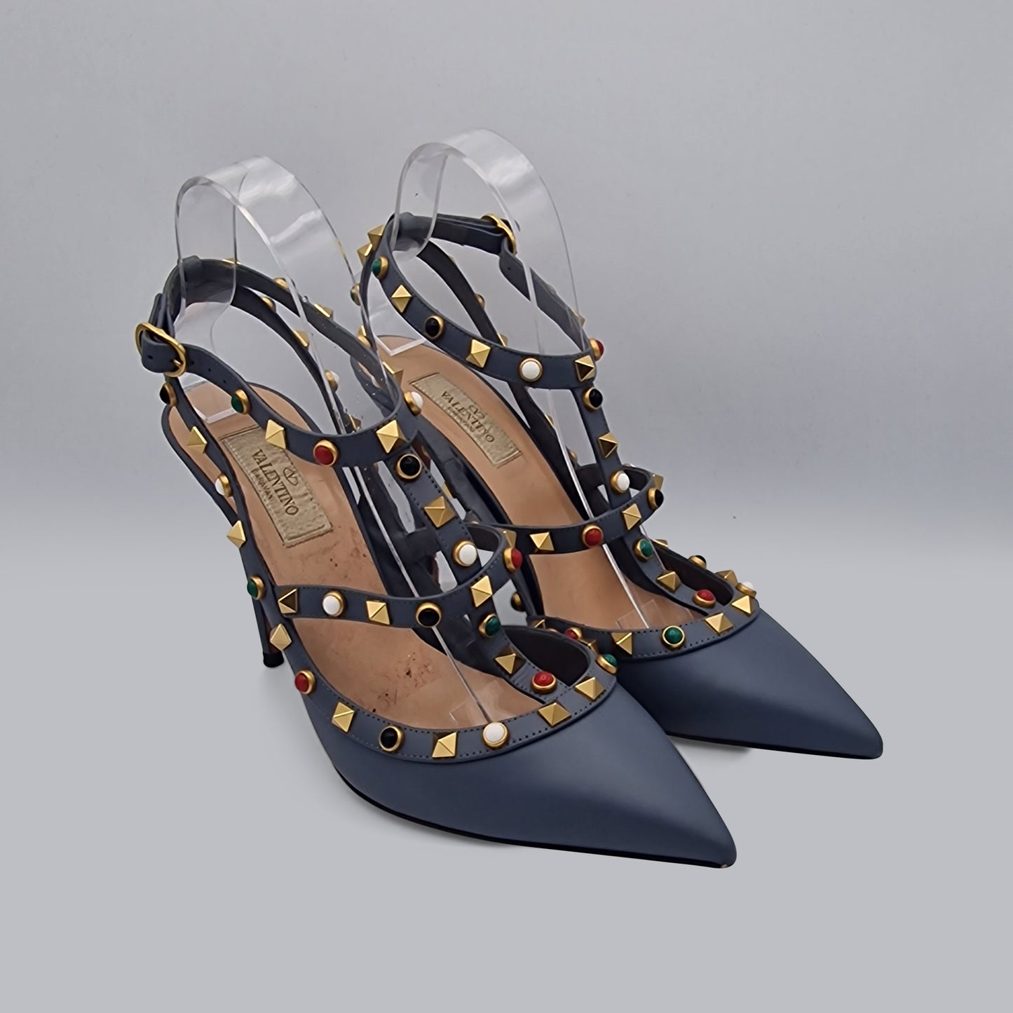 Valentino Grey Blue Rockstud Leather Heels 100 EU 39.5