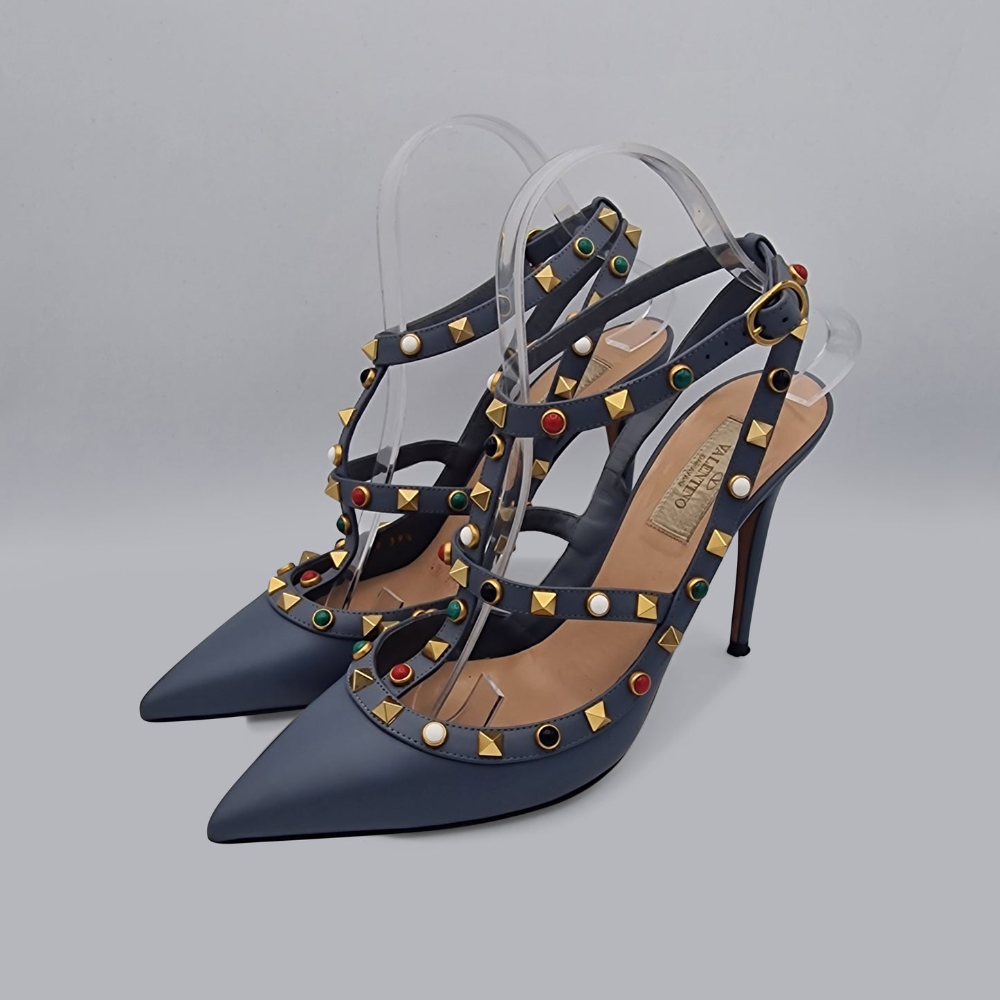 Valentino Grey Blue Rockstud Leather Heels 100 EU 39.5